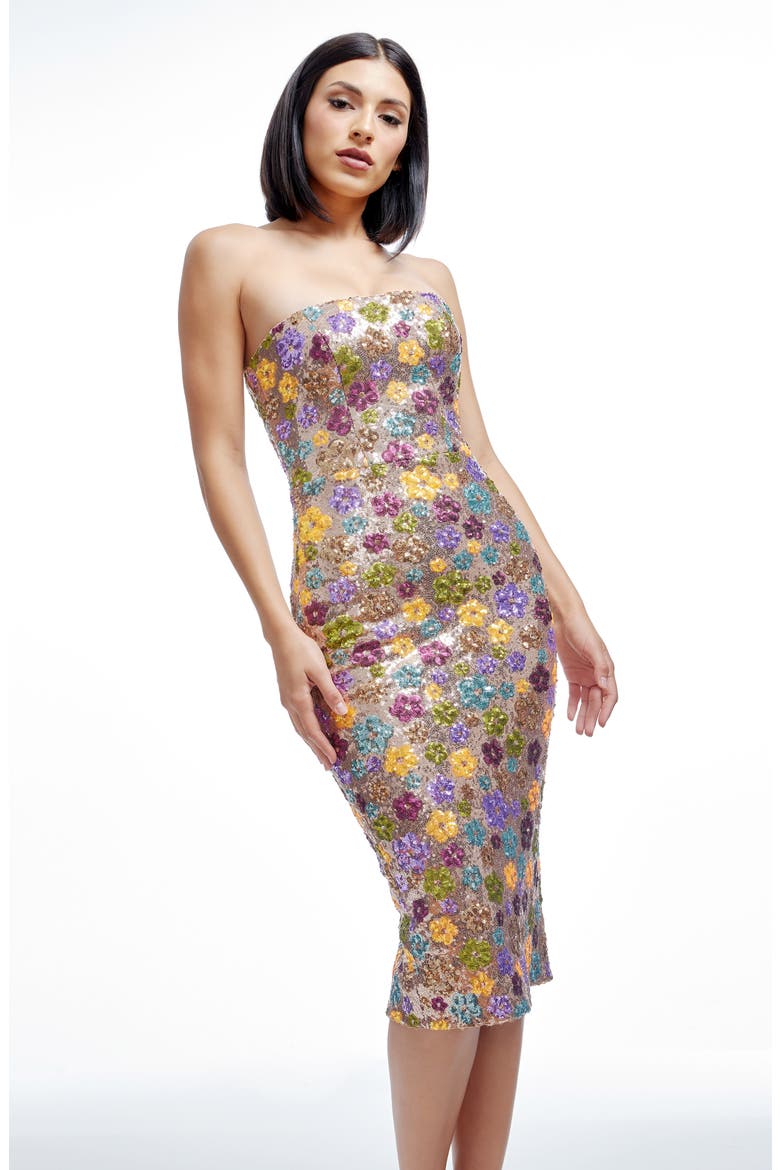 Viviana Sequin Floral Strapless Cocktail Dress, Alternate, color, GOLD MULTI