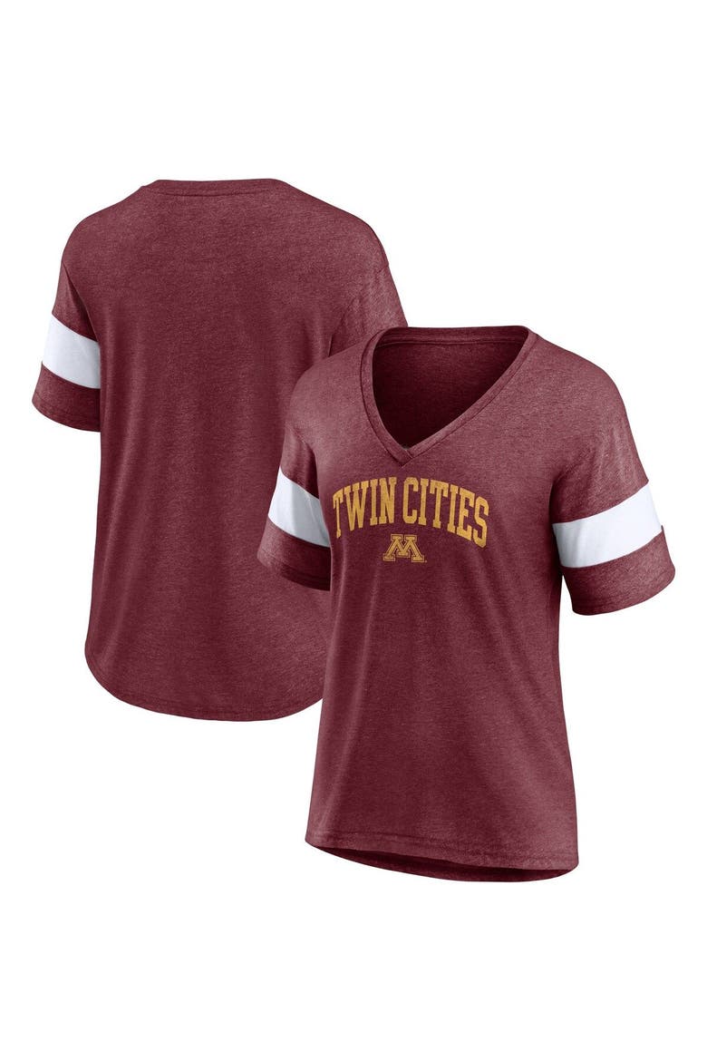Women's Fanatics Branded Heathered Maroon Minnesota Golden Gophers Arched City Sleeve-Striped Tri-Blend V-Neck T-Shirt, Main, color, Heather Maroon