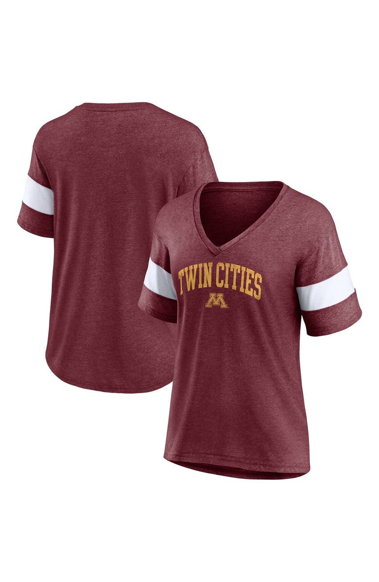 FANATICS Women's Fanatics Branded Heathered Maroon Minnesota Golden Gophers Arched City Sleeve-Striped Tri-Blend V-Neck T-Shirt, Main, color,