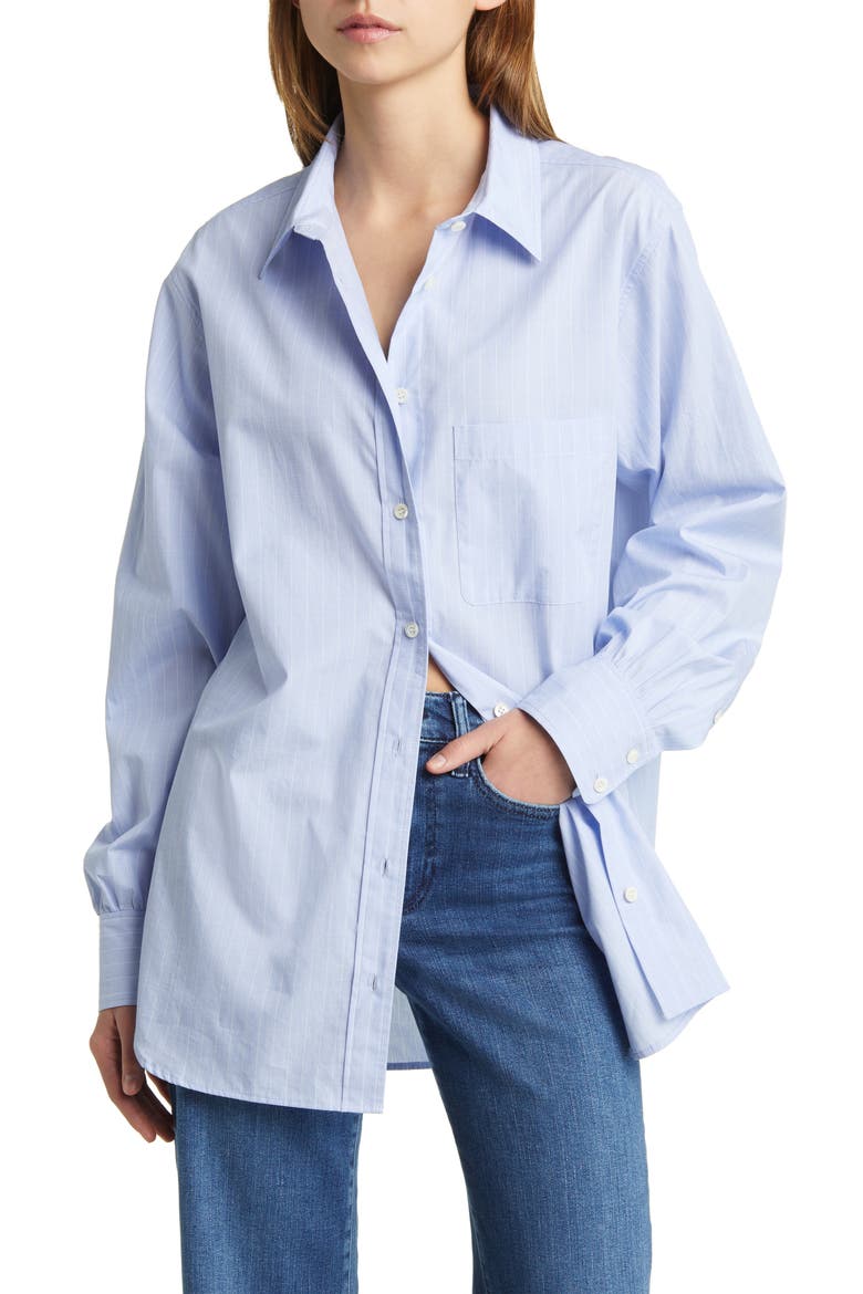 Pinstripe Oversize Cotton Button-Up Shirt, Main, color, CHAMBRAY BLUE
