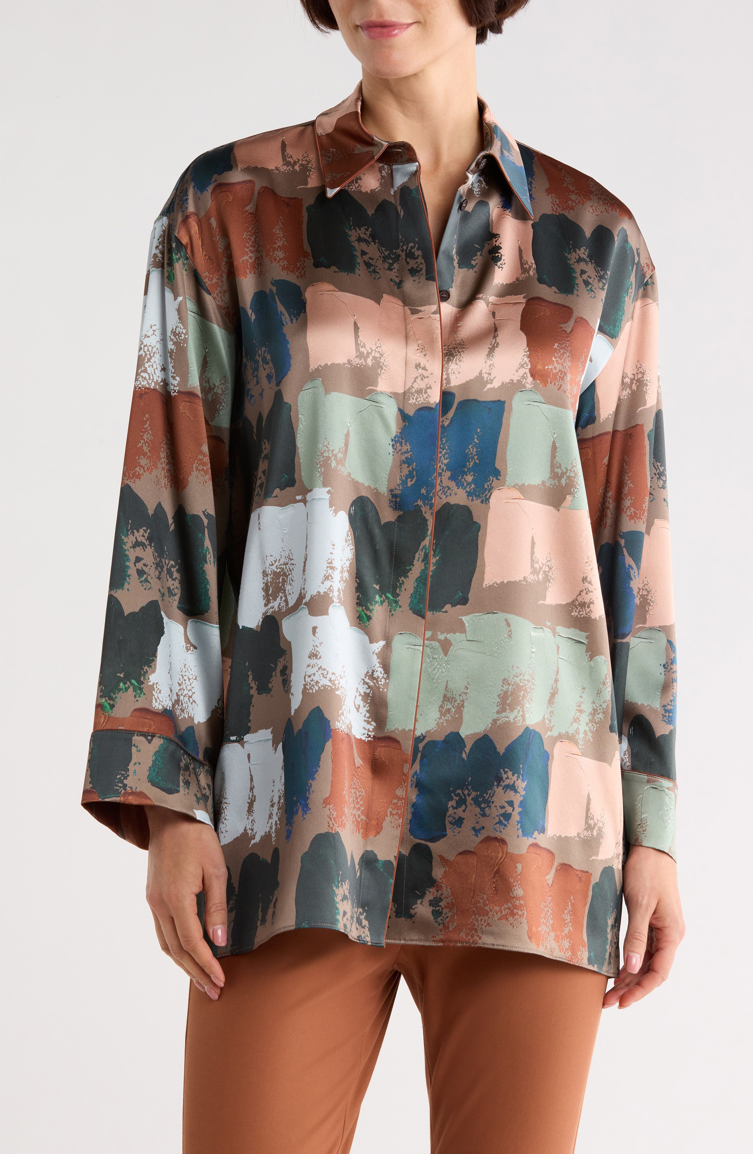 Oversize Long Sleeve Silk Button-Up Shirt