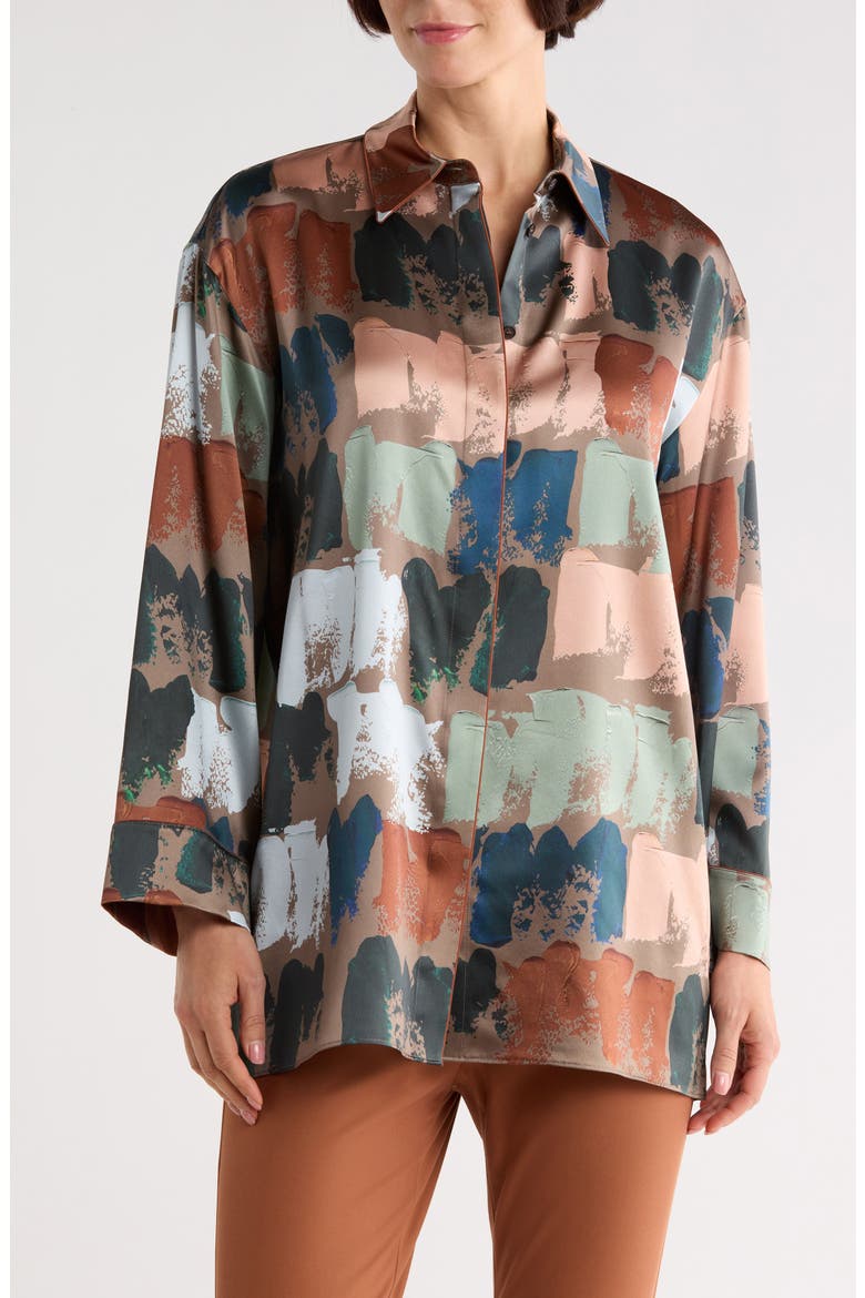 Oversize Long Sleeve Silk Button-Up Shirt, Main, color, CONCRETE MULTI
