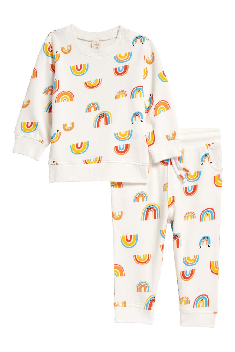 Long Sleeve Print Jogger Set, Main, color, IVORY EGRET SMILEY RAINBOWS