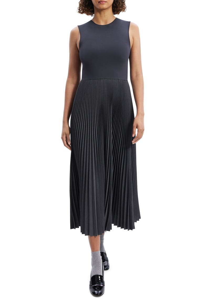 Pleated Mixed Media Midi Dress, Main, color, CHARCOAL MELANGE - A08