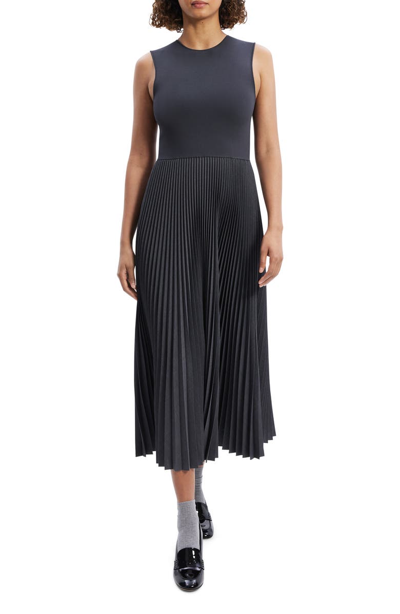 Theory Pleated Mixed Media Midi Dress, Main, color, 