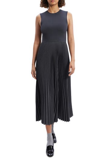 Theory Pleated Midi Dress In Charcoal Melange - A08