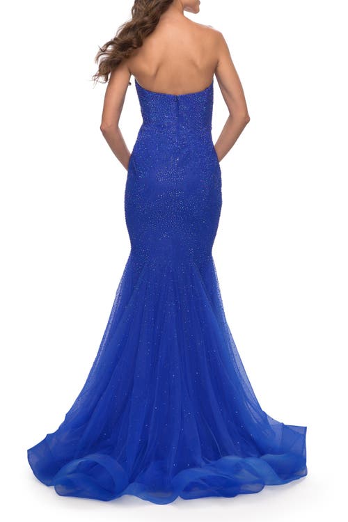La Femme Rhinestone Mermaid Prom Dress With Sweetheart Neckline In Royal Blue
