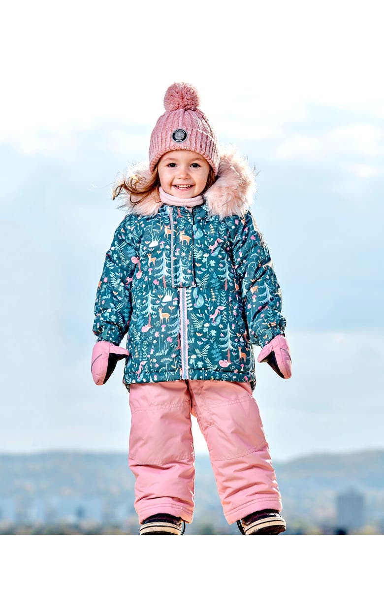 Deux par Deux Baby Girl's Two Piece Baby Snowsuit Silver Pink Printed Woodland Animals, Alternate, color, 
