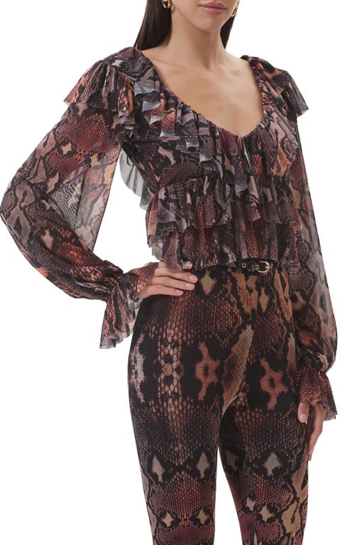 Afrm Addison Snakeskin Print Ruffle Top In Brown