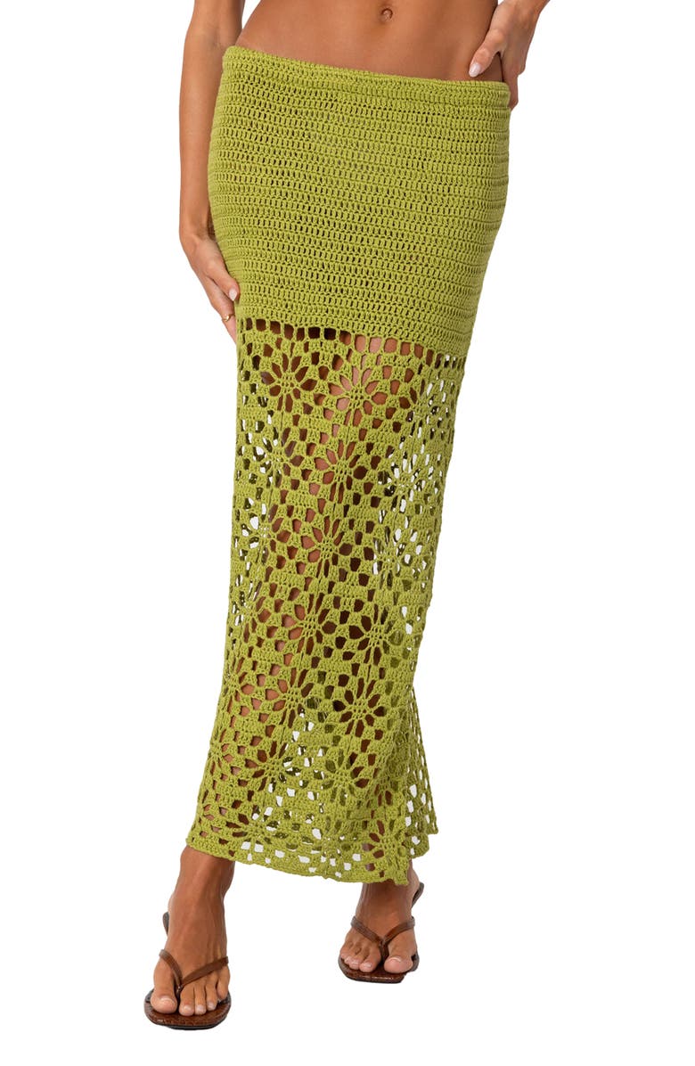 EDIKTED Ida Open Knit Maxi Skirt, Main, color, Green