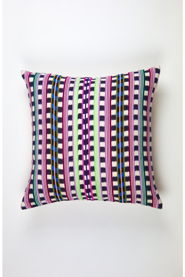 Santiago Lime and Pink Handwoven Cotton Ikat Square Throw Pillow, Main, color, Multicolored