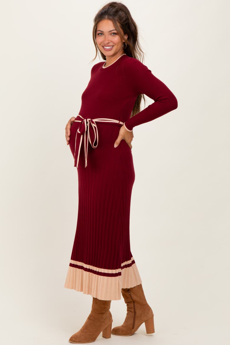 Elegant Ribbed Midi Sweater Dress With Belt, Alternate, color, Burgundy