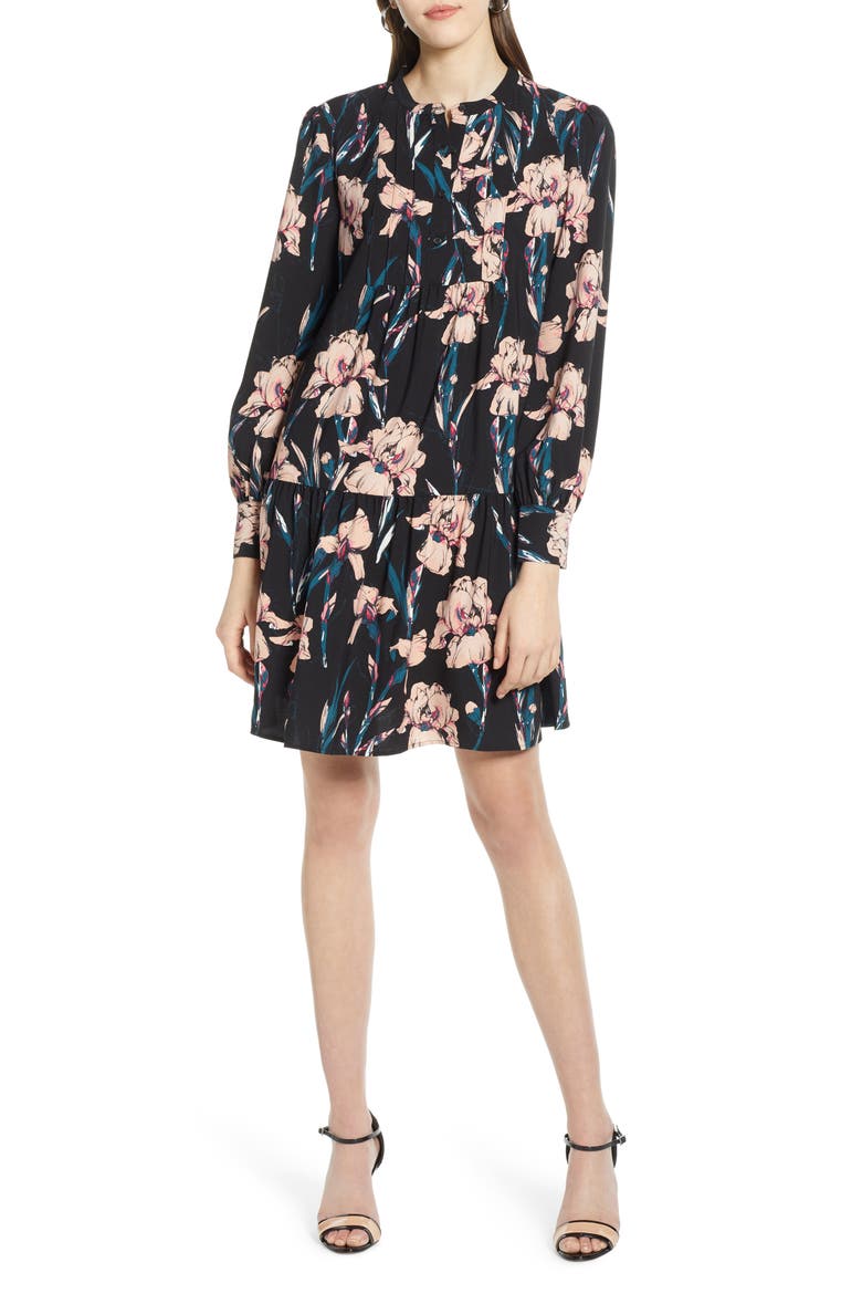 Pintuck Detail Shift Dress, Main, color, BLACK IRIS FLORAL