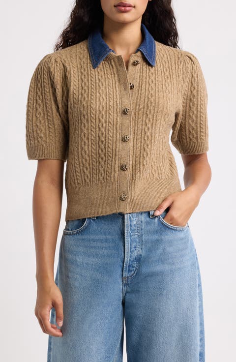 Lane Denim Collar Cable Stitch Cardigan