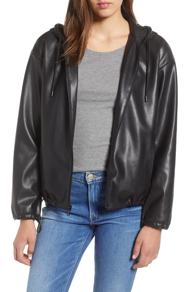 Faux Leather Zip Hoodie, Main, color, BLACK