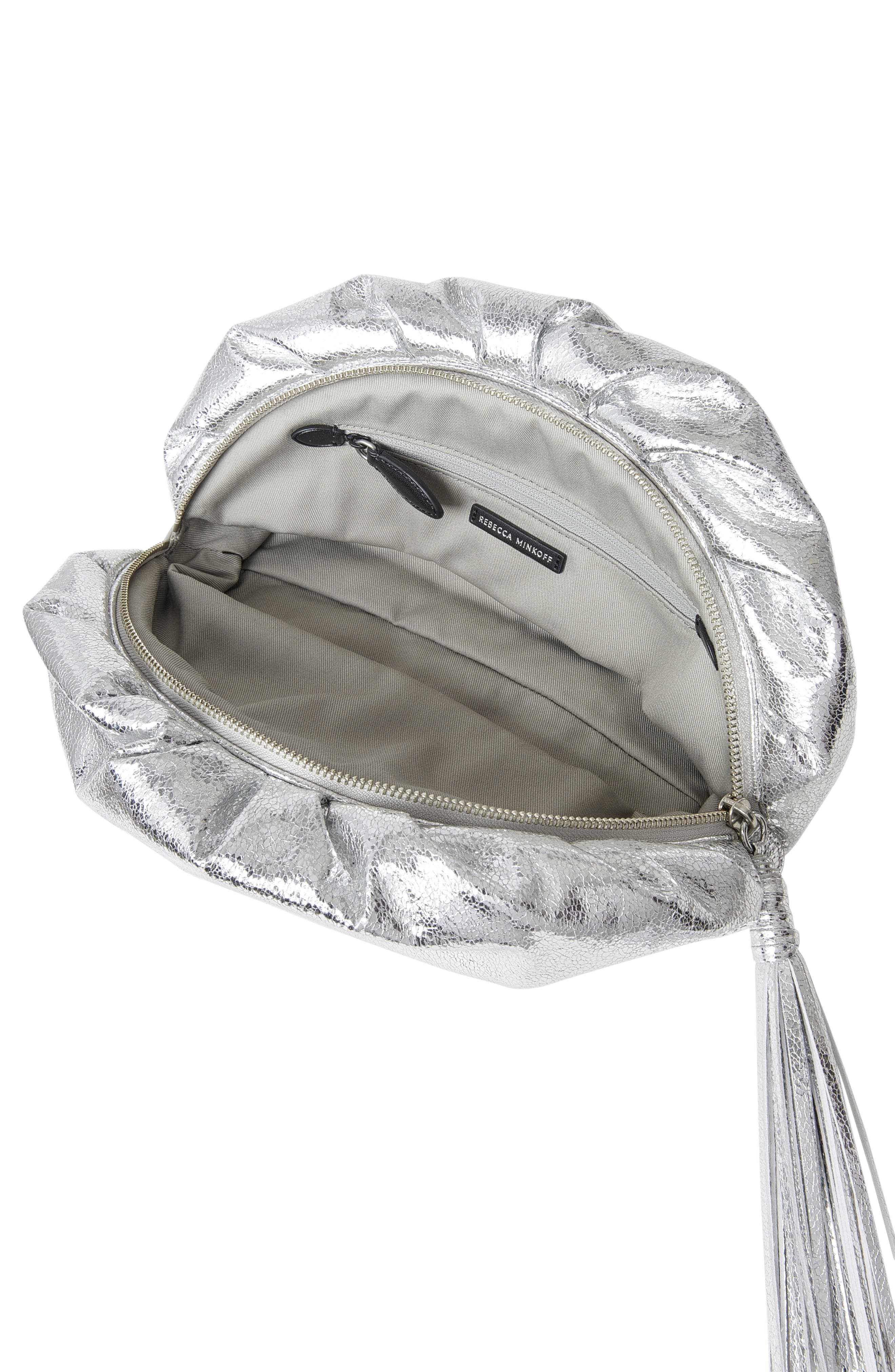 Rebecca Minkoff Ruched Faux Leather Clutch, Alternate, color, Silver