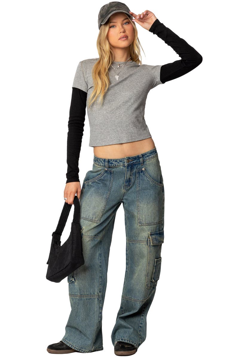 EDIKTED Layered Look Long Sleeve Cotton T-Shirt, Alternate, color, Gray-Melange