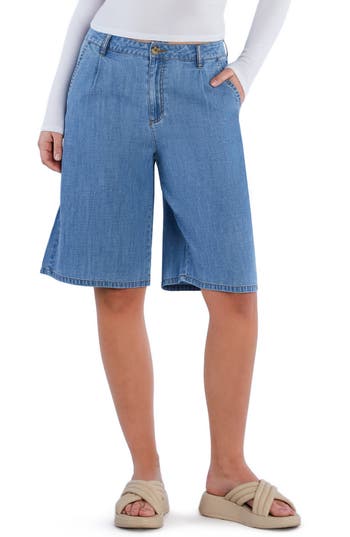 Hint Of Blu Chill Pleated Mid Rise Denim Bermuda Shorts