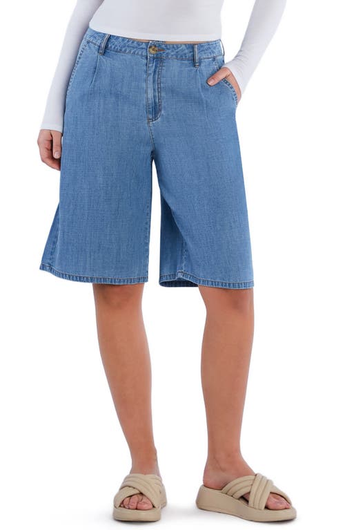 Hint Of Blu Chill Pleated Mid Rise Denim Bermuda Shorts