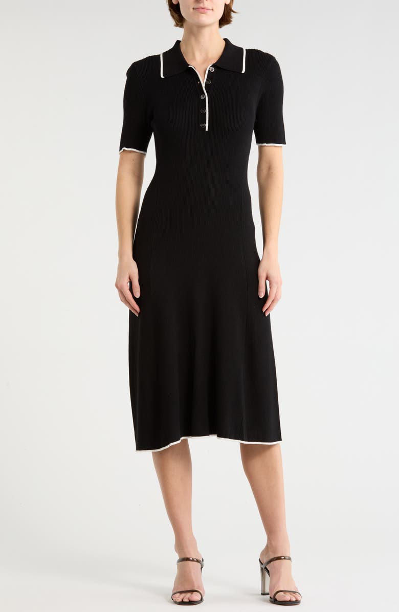 T Tahari Tipped Short Sleeve Polo Dress, Main, color, Black/ White