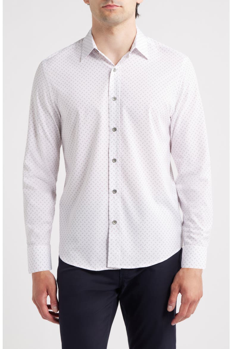 Trim Fit Abstract Square Print Performance Button-Up Shirt, Main, color, WHITE/ RED