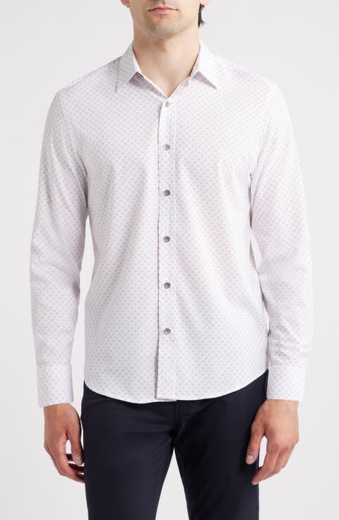 Abstract Square Print Performance Button-Up Shirt
