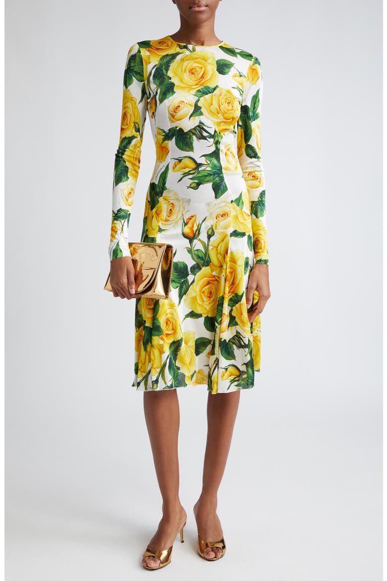 Rose Print Long Sleeve Dress, Alternate, color, ROSE GIALLE