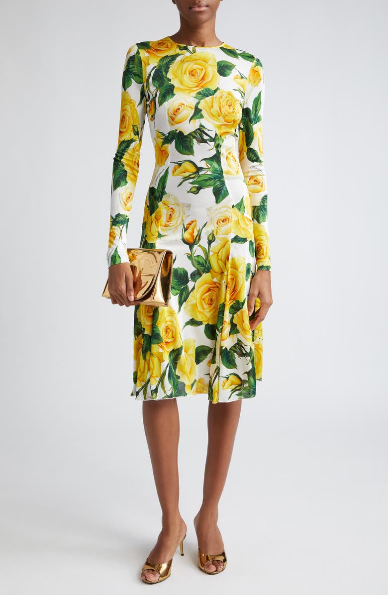 Dolce&Gabbana Rose Print Long Sleeve Dress, Alternate, color, 