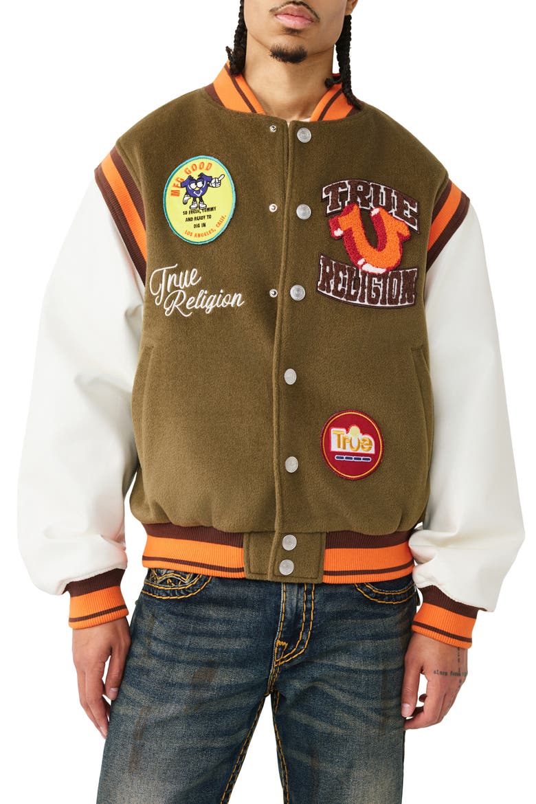 Garden Logo Retro Varsity Jacket, Main, color, CAPERS GREEN / WINTER WHITE