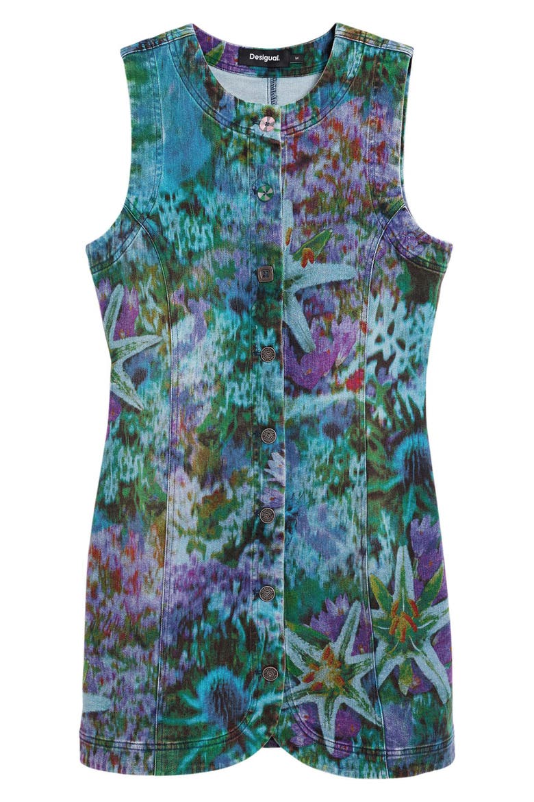 Floral Print Denim Minidress, Alternate, color, DARK BLUE