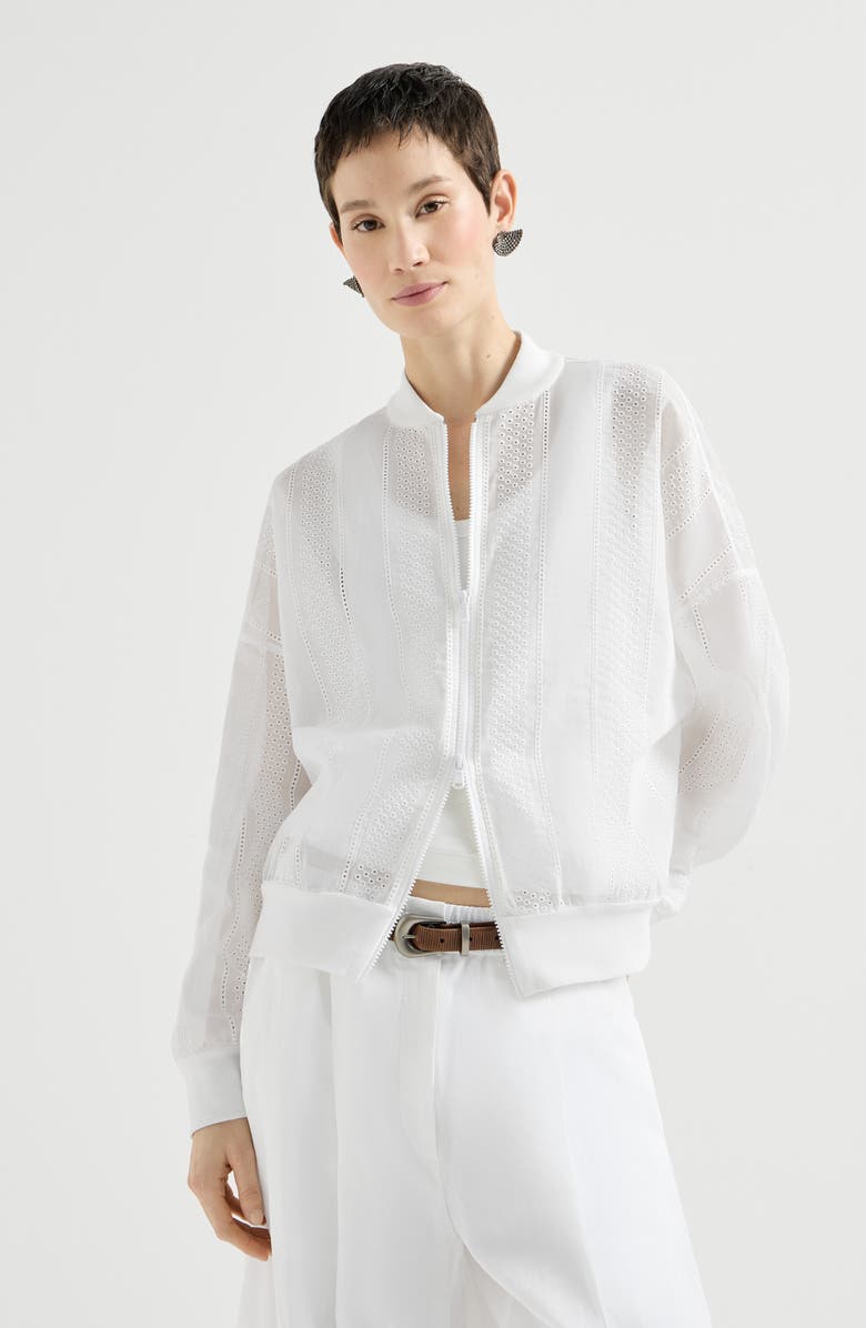 Brunello Cucinelli Broderie anglaise bomber jacket, Alternate, color, White