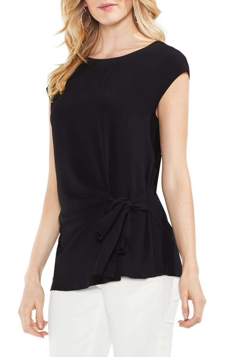 Mixed Media Tie Front Blouse, Main, color, RICH BLACK