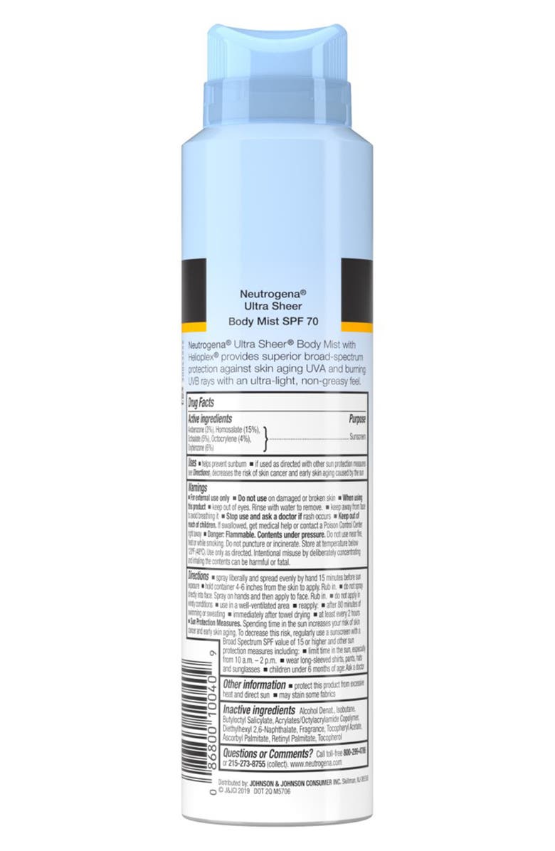 NEUTROGENA Ultra Sheer Body Mist Sunscreen Spray Broad Spectrum SPF 70, Lightweight, Non-Greasy & Water Resistant, Oil-Free & Non-Comedogenic UVA/UVB Sunscreen Mist - 5 oz., Alternate, color,