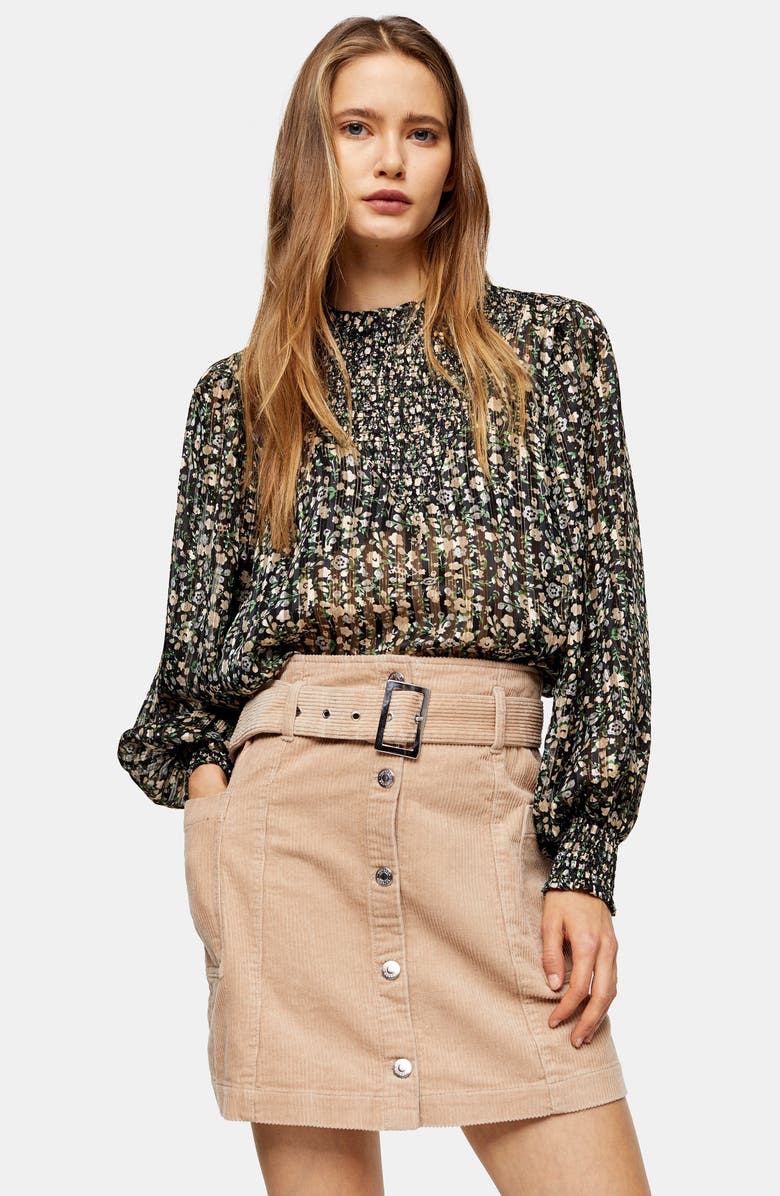 Topshop Corduroy Button Belted Miniskirt, Alternate, color,