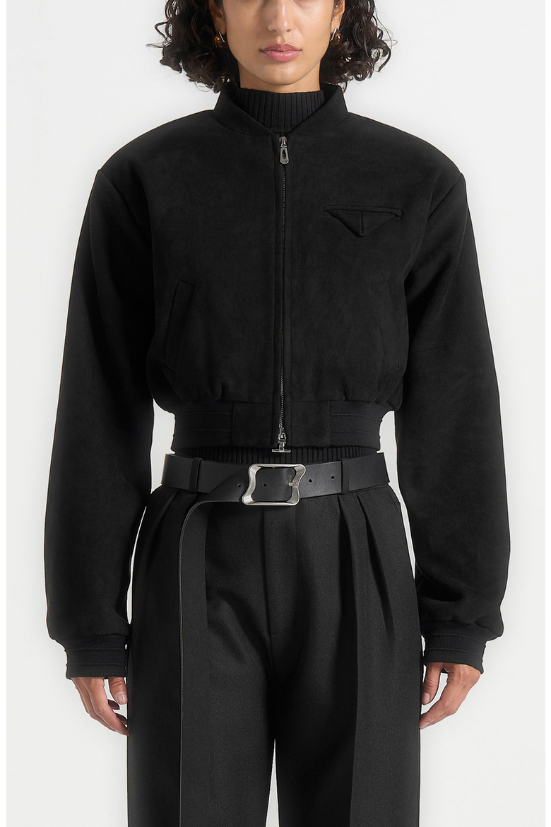 Monique Suede Wide Shoulder Bomber Jacket, Alternate, color, Black
