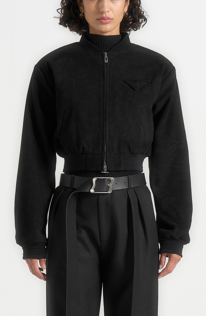 Manière De Voir Monique Suede Wide Shoulder Bomber Jacket, Alternate, color, Black