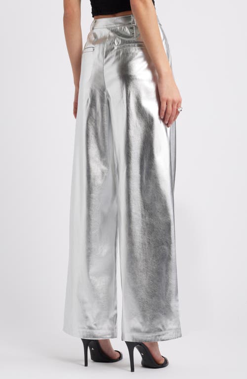 Open Edit Metallic Faux Leather Pants In Silver Metallic