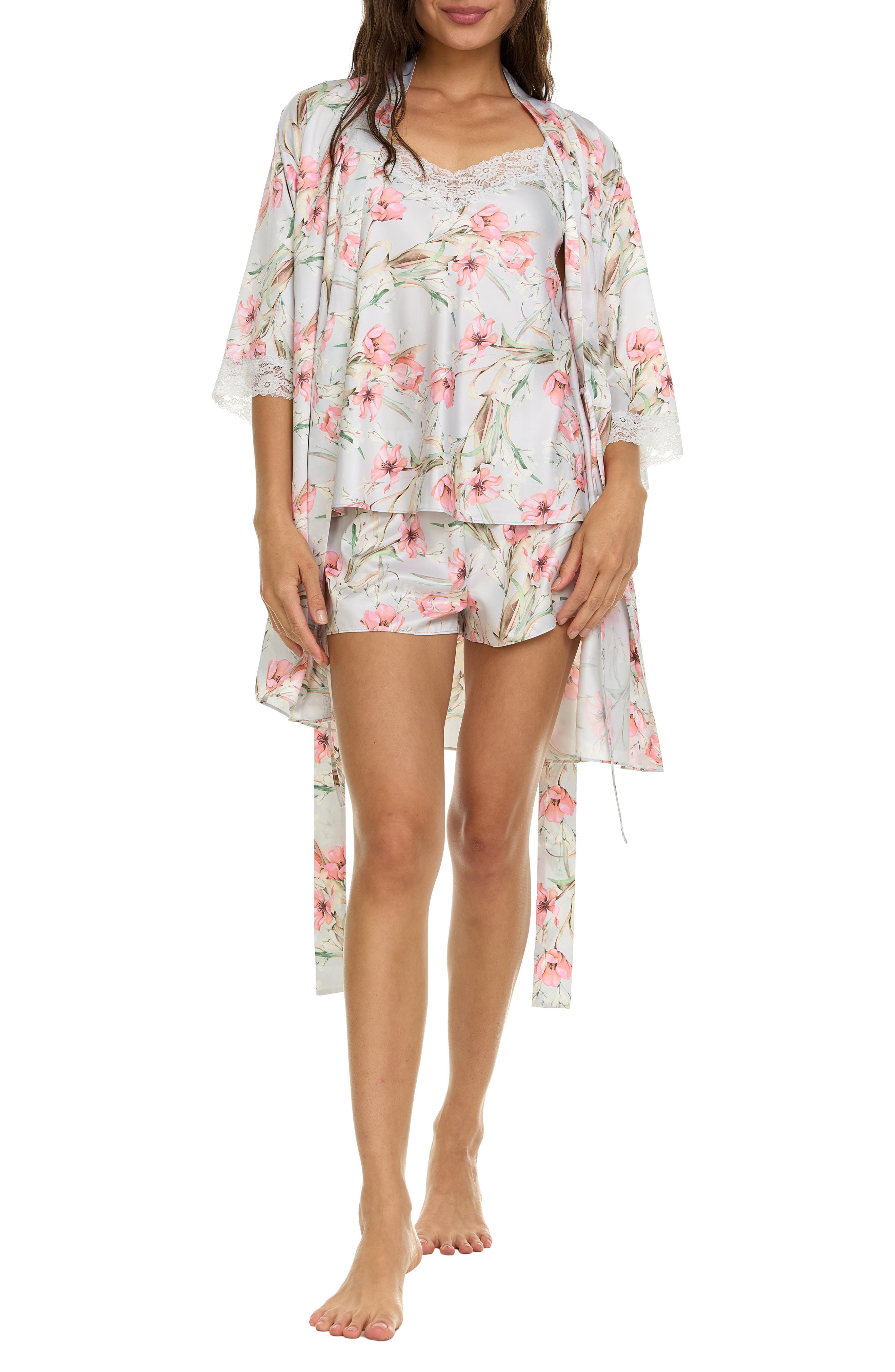 Flora Nikrooz Sabrina Floral Print Satin Short Pajamas & Robe Set