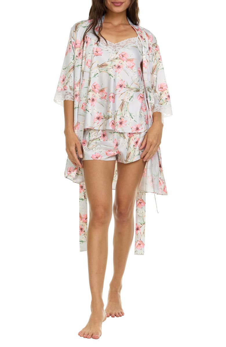 Flora Nikrooz Sabrina Floral Print Satin Short Pajamas & Robe Set, Main, color, Light Grey