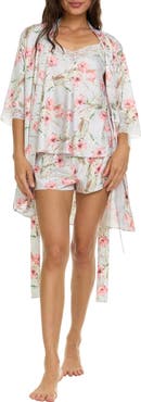 Flora Nikrooz Sabrina Floral Print Satin Short Pajamas & Robe Set