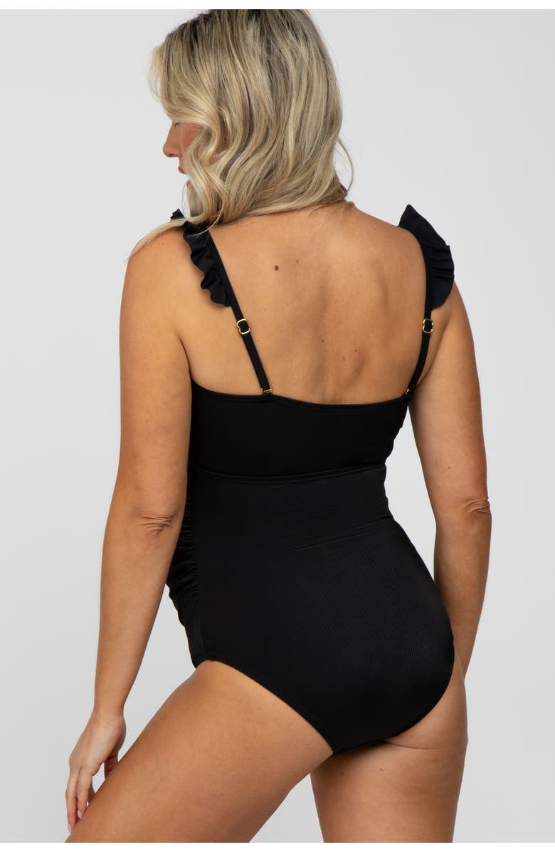 PinkBlush Ribbed Square Neck Ruffle Strap One Piece Maternity Swimsuit, Alternate, color, Black