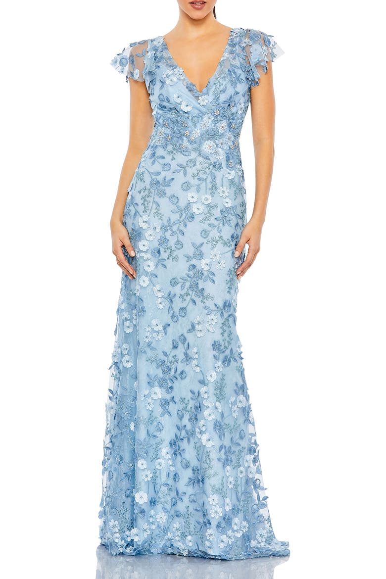 Embroidered Applique Wrap Over Flutter Sleeve Gown, Main, color, Blue