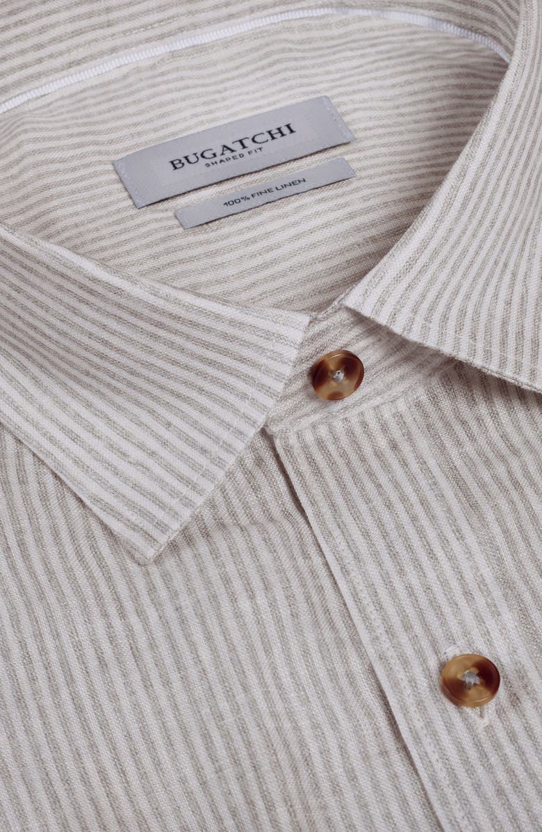 Bugatchi Stripe Shaped Fit Linen Button-Up Shirt, Alternate, color, Khaki