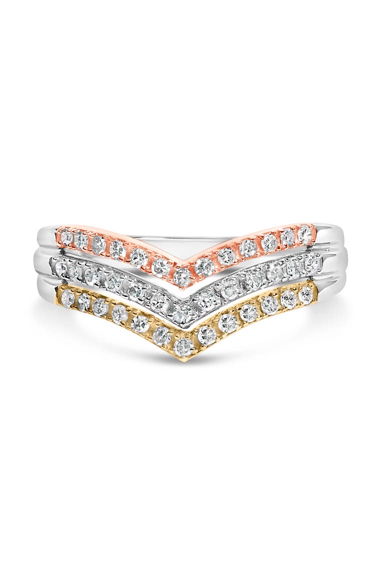 10K Gold Plated Sterling Silver 1/3 Cttw Tri-Color Chevron Diamond Stackable Ring, Main, color, Yellow Gold over Silver
