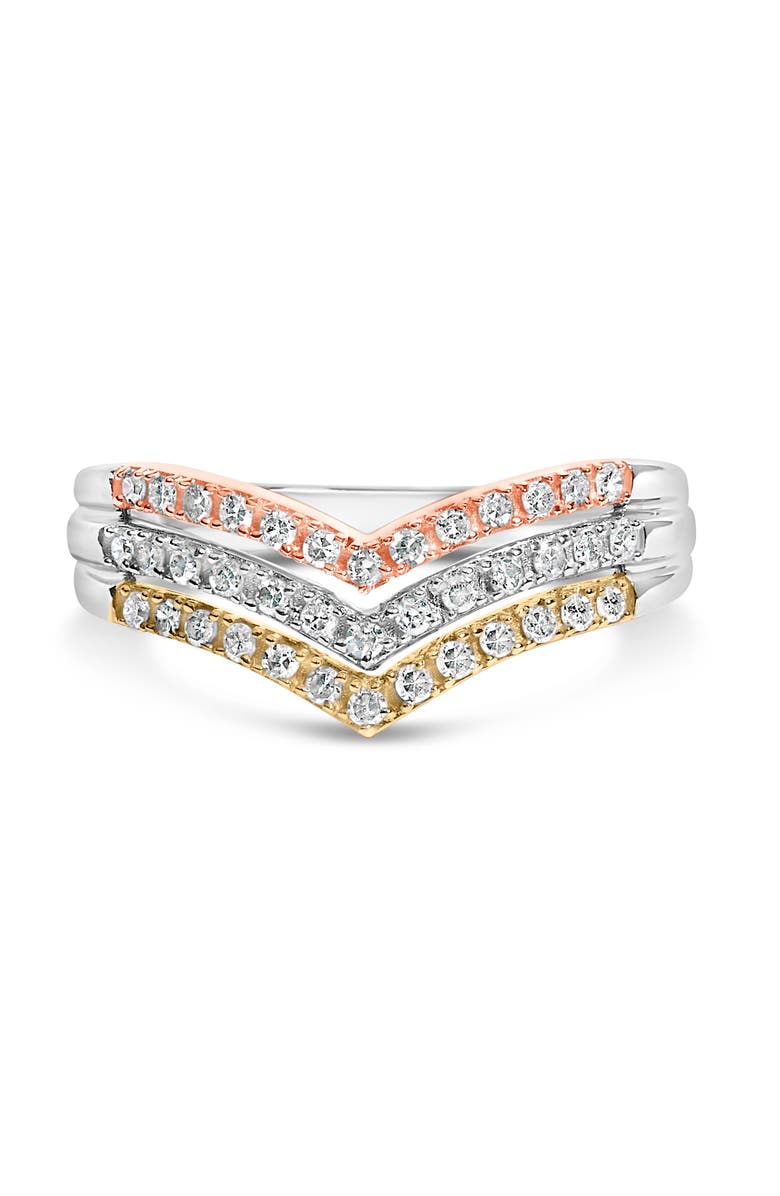 Haus of Brilliance 10K Gold Plated Sterling Silver 1/3 Cttw Tri-Color Chevron Diamond Stackable Ring, Main, color, Yellow Gold Over Silver