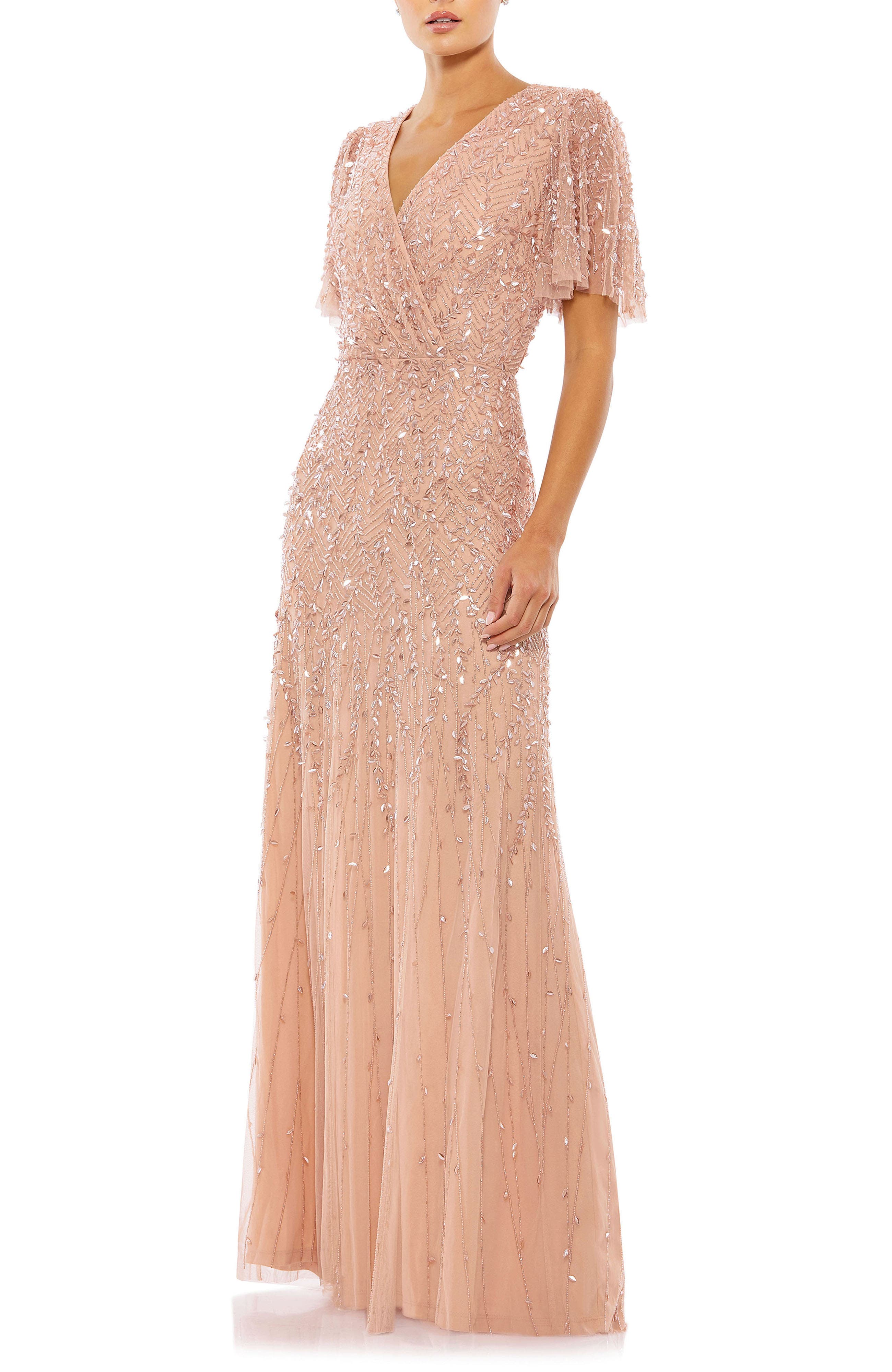 Women's Embellished Flutter Sleeve Evening Gown