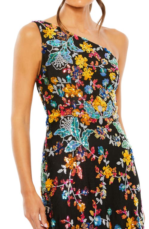 Mac Duggal One Shoulder Floral Sequin Lace Up Gown In Black Multi