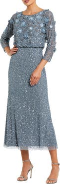 Mac Duggal Floral Embellished Midi Dress With 3/4 Sleeves