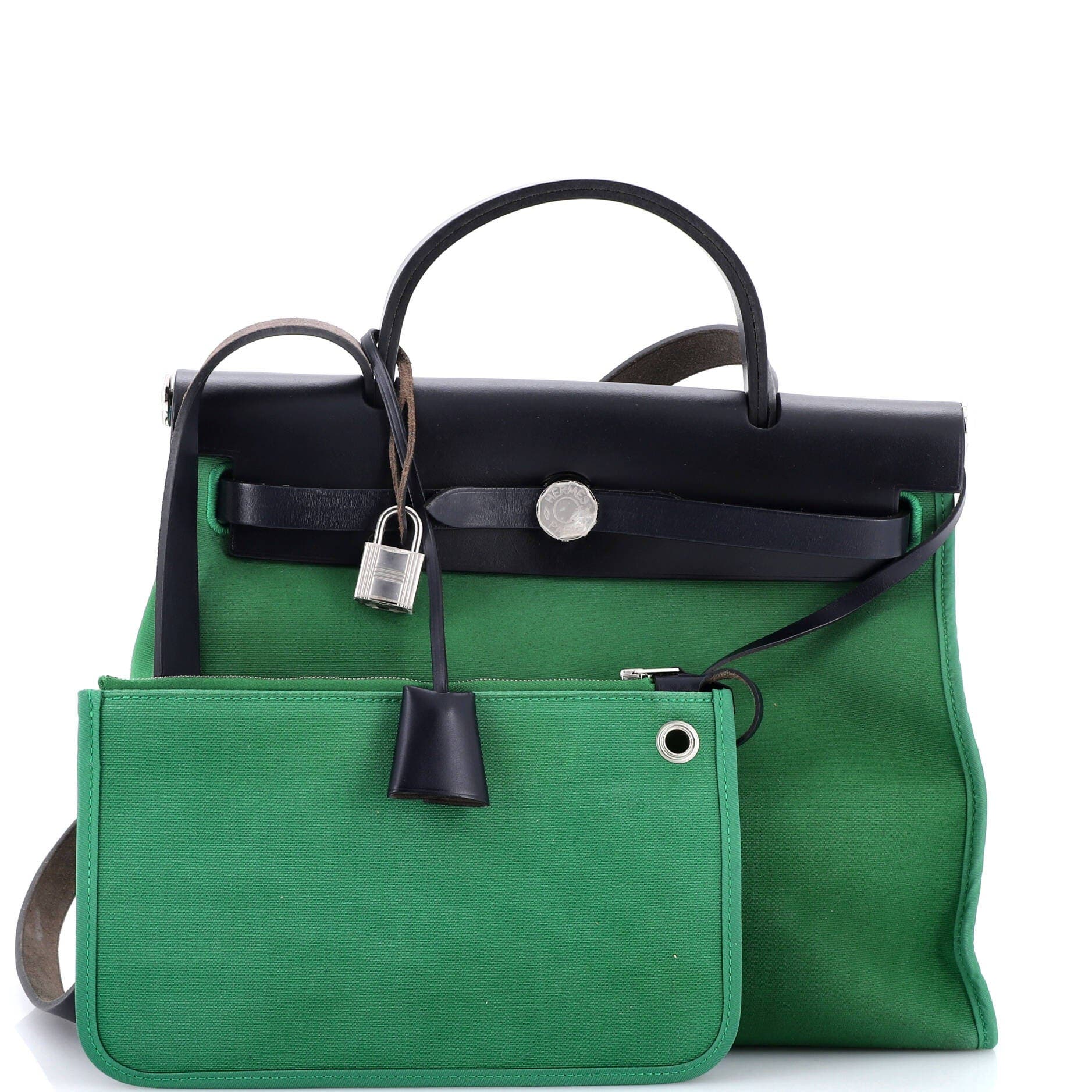 Pre-Owned Hermes Herbag Zip Leather and Toile 31, Alternate, color, Green