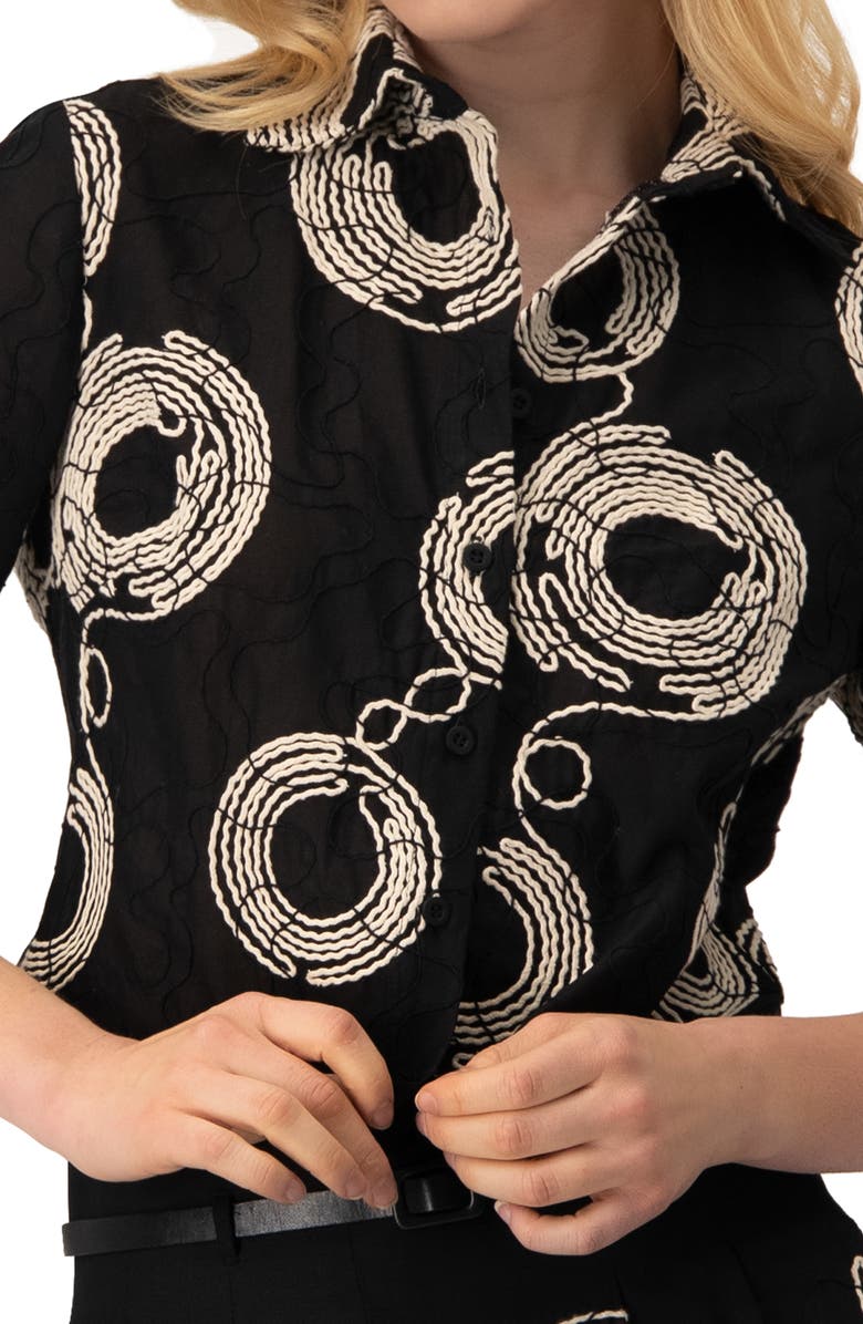 IVONNE Black Cropped Shirt with Circular Embroidery, Alternate, color, Black